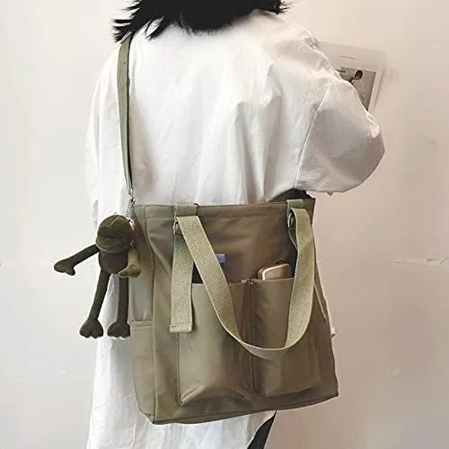 Pooyikoi Women Canvas Tote Bag Waterproof Nylon Multi Pocket Shoulder Bags Solid Crossbody Large Capacity Tote Shoulder Bags