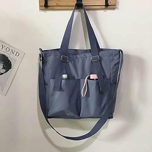Pooyikoi Women Canvas Tote Bag Waterproof Nylon Multi Pocket Shoulder Bags Solid Crossbody Large Capacity Tote Shoulder Bags