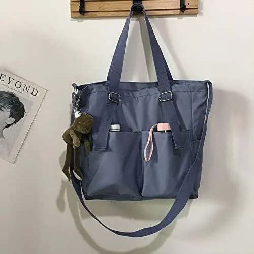 Pooyikoi Women Canvas Tote Bag Waterproof Nylon Multi Pocket Shoulder Bags Solid Crossbody Large Capacity Tote Shoulder Bags