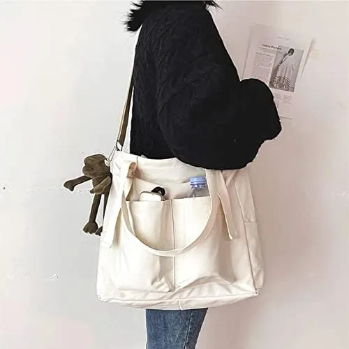 Pooyikoi Women Canvas Tote Bag Waterproof Nylon Multi Pocket Shoulder Bags Solid Crossbody Large Capacity Tote Shoulder Bags