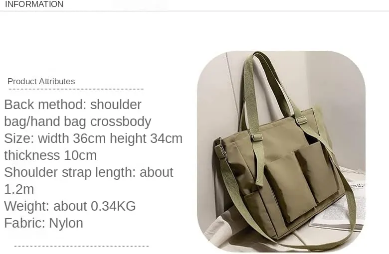 Pooyikoi Women Canvas Tote Bag Waterproof Nylon Multi Pocket Shoulder Bags Solid Crossbody Large Capacity Tote Shoulder Bags