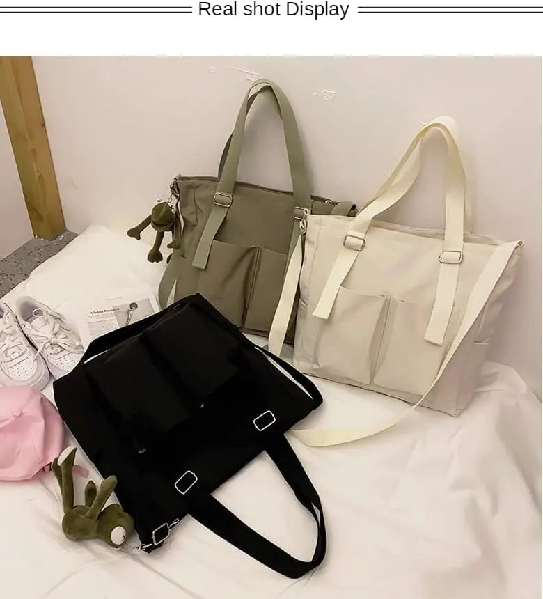 Pooyikoi Women Canvas Tote Bag Waterproof Nylon Multi Pocket Shoulder Bags Solid Crossbody Large Capacity Tote Shoulder Bags