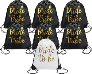 Pop Fizz Designs | Bride & Bride Tribe Drawstring Bags (7 Pack) | Bags for Bachelorette Party | Black