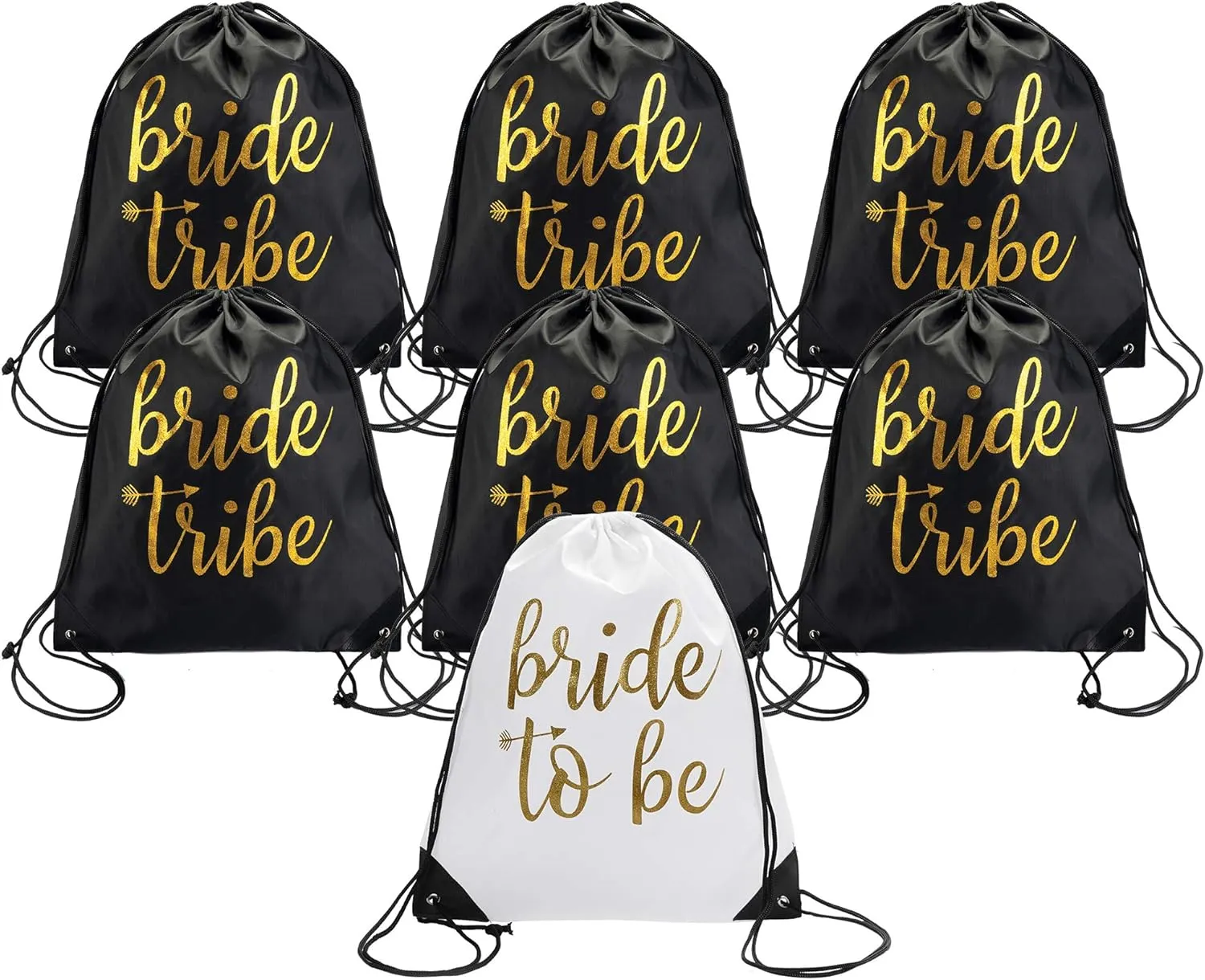 Pop Fizz Designs | Bride & Bride Tribe Drawstring Bags (7 Pack) | Bags for Bachelorette Party | Black