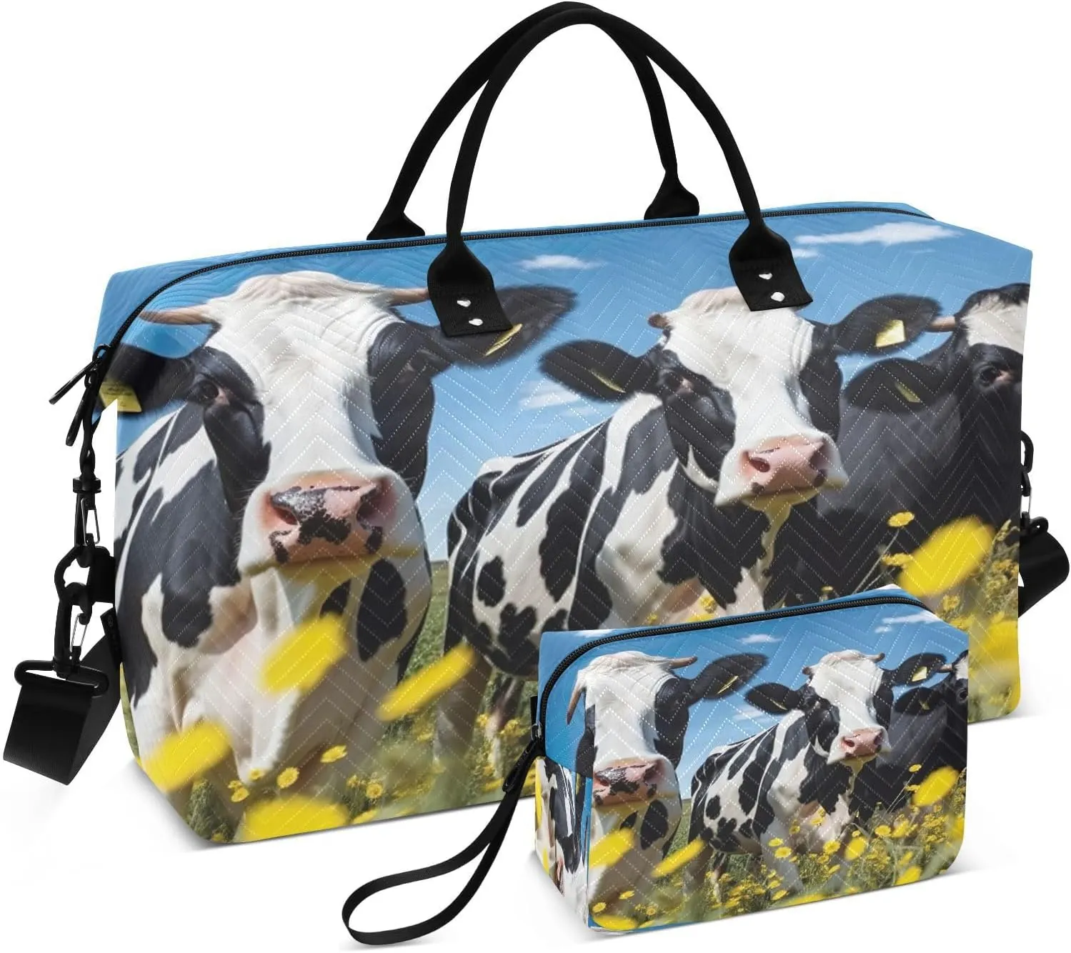 Prairie Cow Quilted Weekender Travel Bag with Toiletry Bag Gym Tote Handbag Carry On Duffel Bags-2Pack