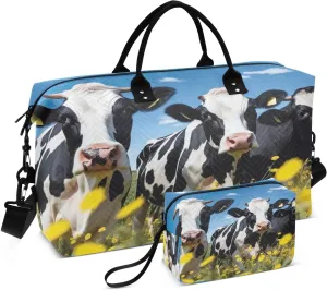 Prairie Cow Quilted Weekender Travel Bag with Toiletry Bag Gym Tote Handbag Carry On Duffel Bags-2Pack
