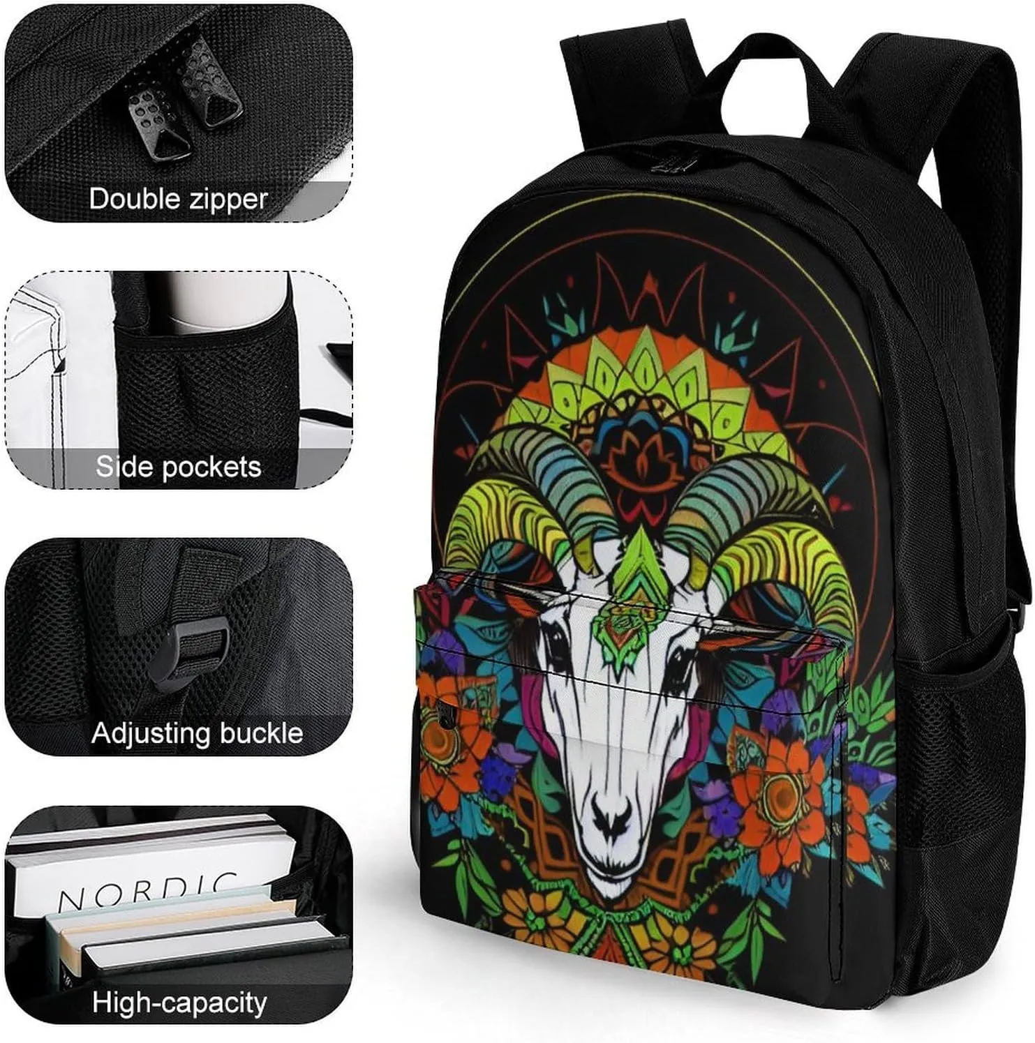 Psychedelic Goat Skull Art Rucksacks Lightweight Multipurpose Anti-Theft Shoulder Bag Big Capacity Laptop Book Bag Rucksack With Padded Straps