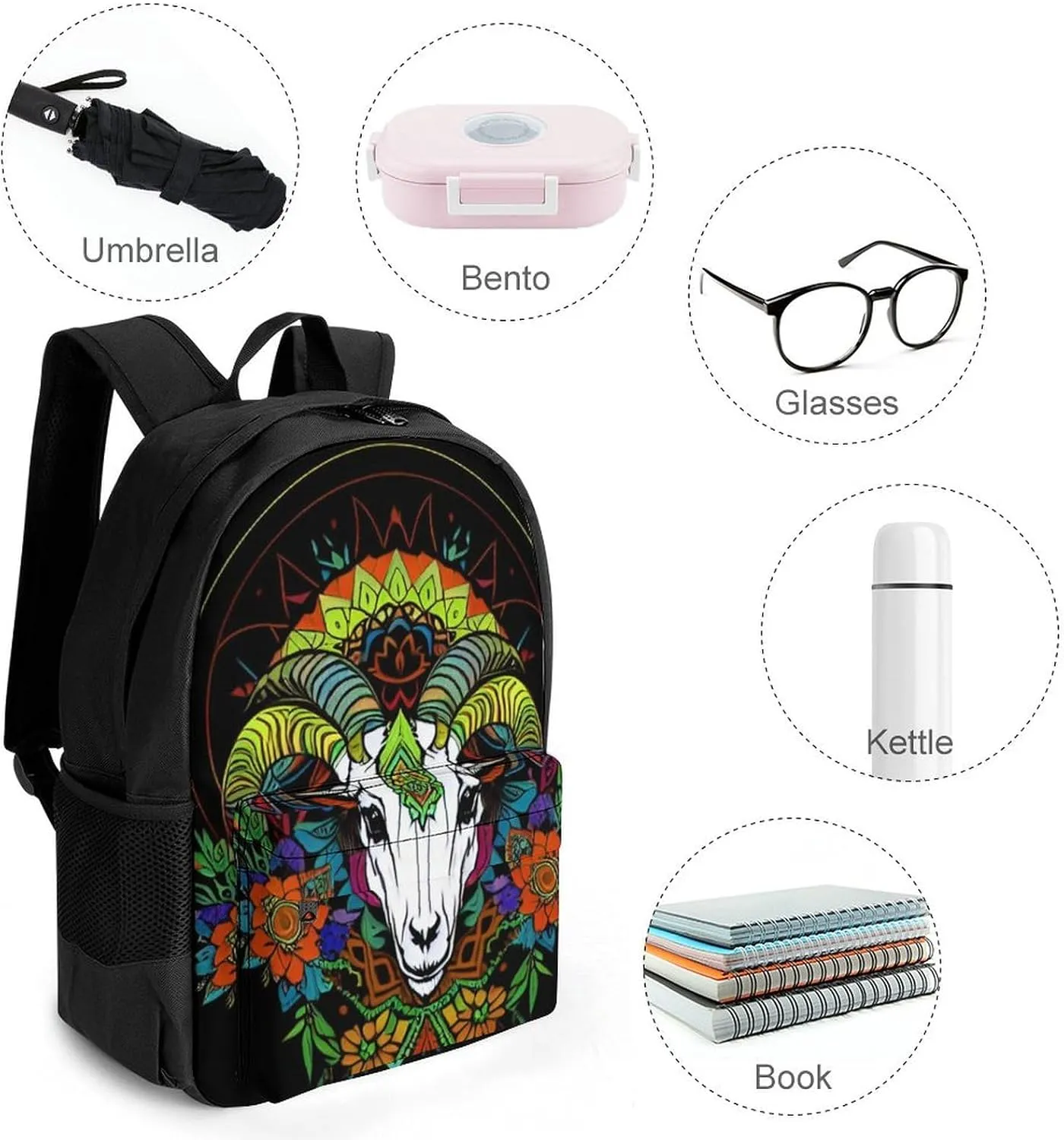 Psychedelic Goat Skull Art Rucksacks Lightweight Multipurpose Anti-Theft Shoulder Bag Big Capacity Laptop Book Bag Rucksack With Padded Straps