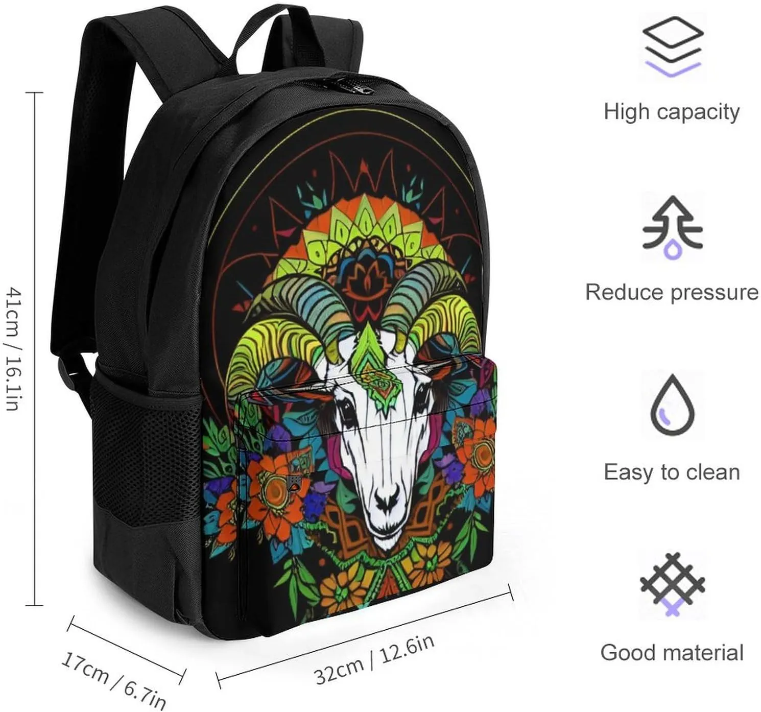 Psychedelic Goat Skull Art Rucksacks Lightweight Multipurpose Anti-Theft Shoulder Bag Big Capacity Laptop Book Bag Rucksack With Padded Straps