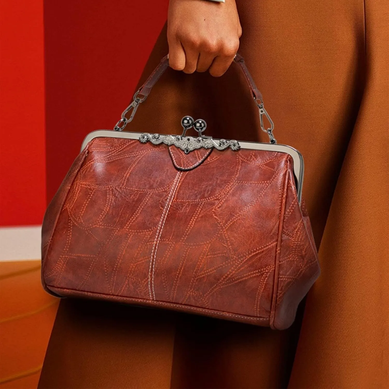 PU Leather Handbags for Women Evening Clutch Satchel Purse Tote Women Vintage Kiss Lock