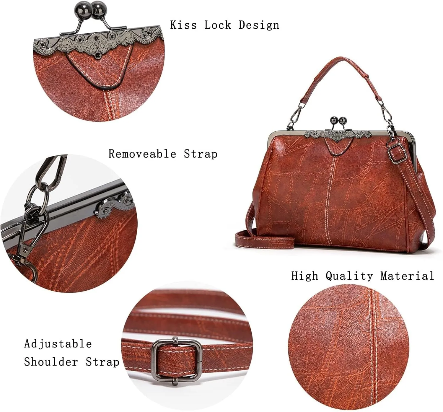 PU Leather Handbags for Women Evening Clutch Satchel Purse Tote Women Vintage Kiss Lock