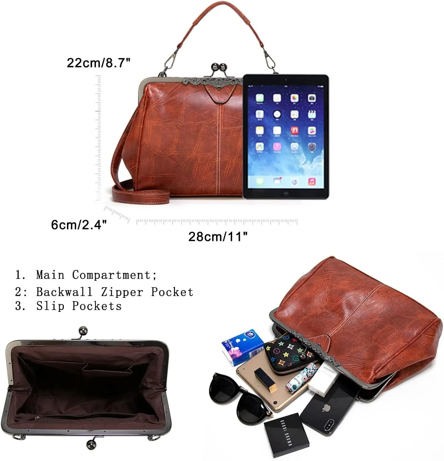 PU Leather Handbags for Women Evening Clutch Satchel Purse Tote Women Vintage Kiss Lock