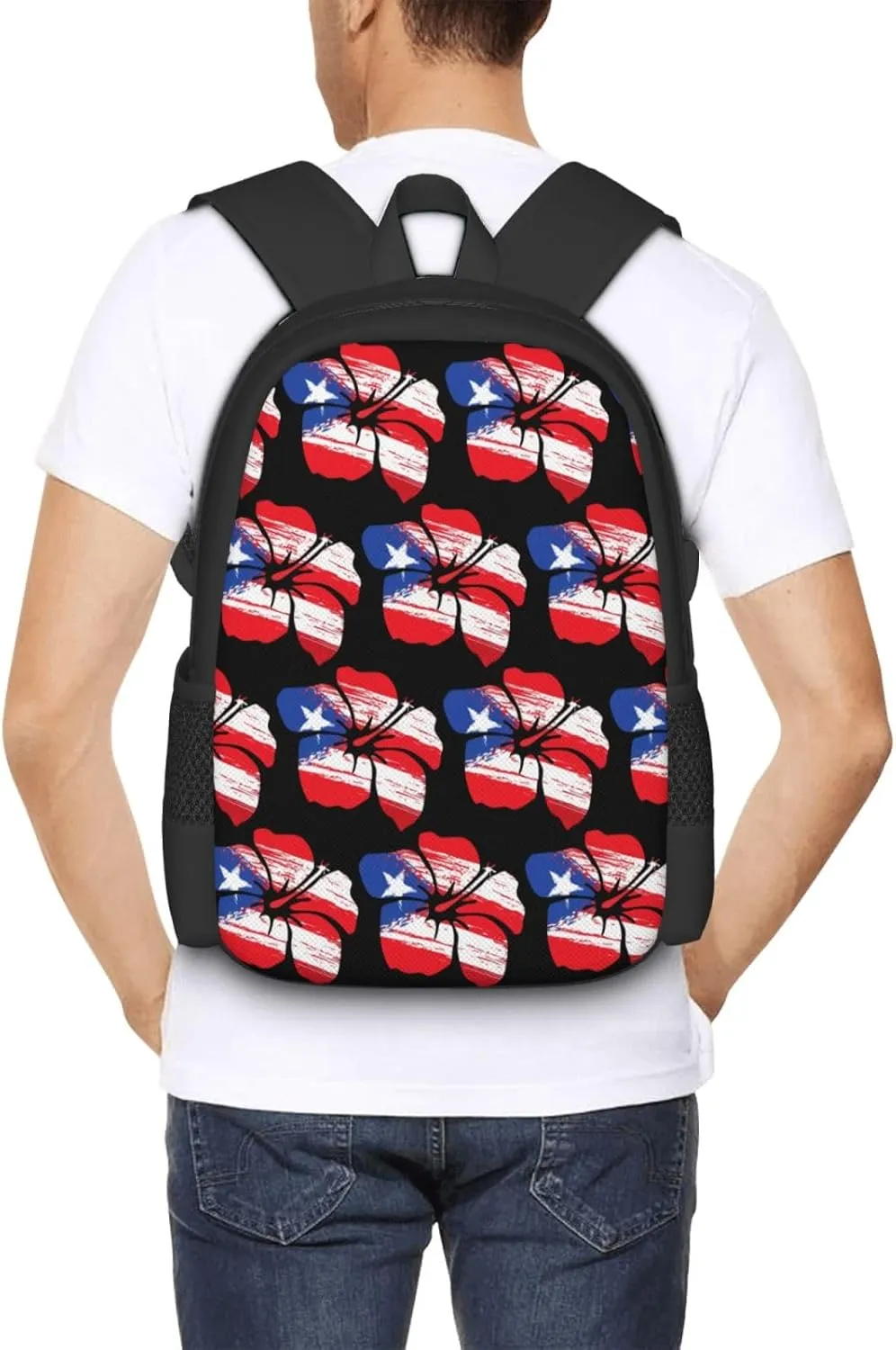 Puerto Rico Pride Flag Hibiscus Flower Boricua Casual Backpacks Large Capacity Backpack Laptop Rucksack Sport Daypack Commuter Bags with Adjustable Strap for Traveling Camping
