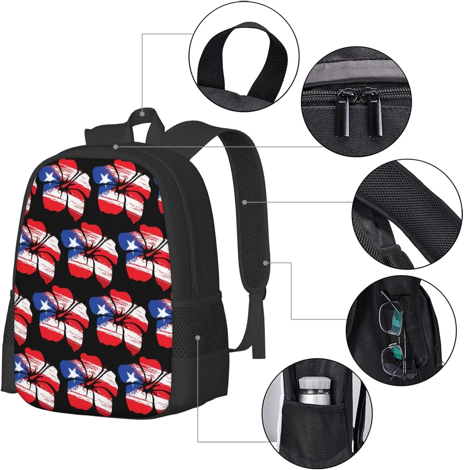 Puerto Rico Pride Flag Hibiscus Flower Boricua Casual Backpacks Large Capacity Backpack Laptop Rucksack Sport Daypack Commuter Bags with Adjustable Strap for Traveling Camping