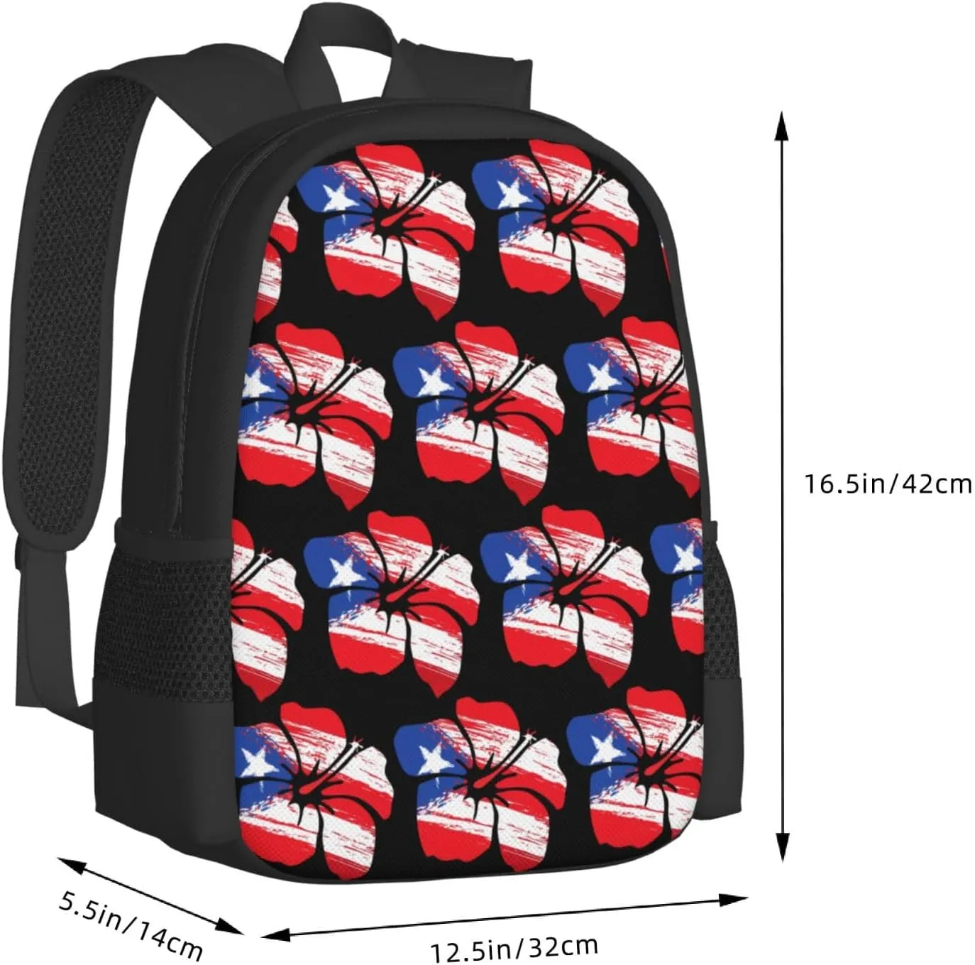 Puerto Rico Pride Flag Hibiscus Flower Boricua Casual Backpacks Large Capacity Backpack Laptop Rucksack Sport Daypack Commuter Bags with Adjustable Strap for Traveling Camping