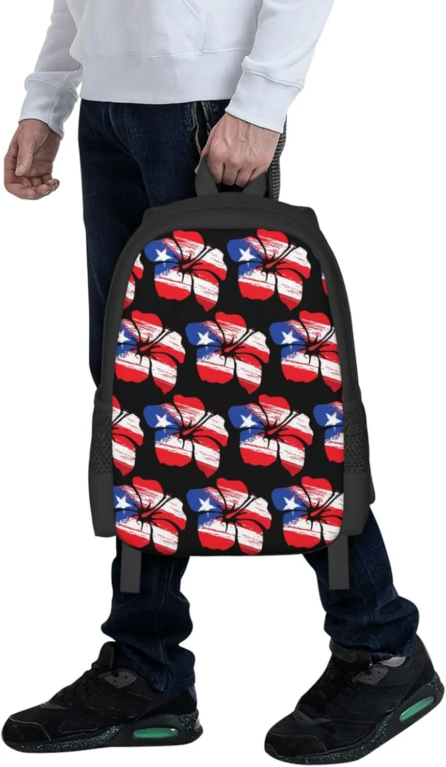 Puerto Rico Pride Flag Hibiscus Flower Boricua Casual Backpacks Large Capacity Backpack Laptop Rucksack Sport Daypack Commuter Bags with Adjustable Strap for Traveling Camping