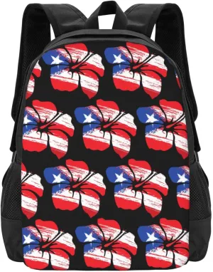 Puerto Rico Pride Flag Hibiscus Flower Boricua Casual Backpacks Large Capacity Backpack Laptop Rucksack Sport Daypack Commuter Bags with Adjustable Strap for Traveling Camping