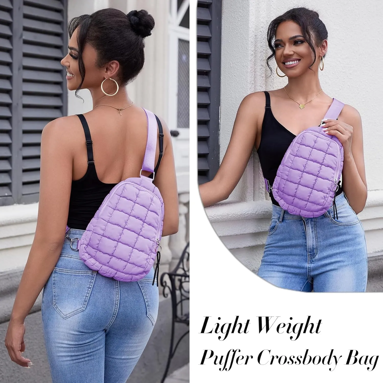 Puffer Small Sling Bag for Women Quilted Crossbody Purses Backpack Chest Bag Fanny Packs with Adjustable Strap