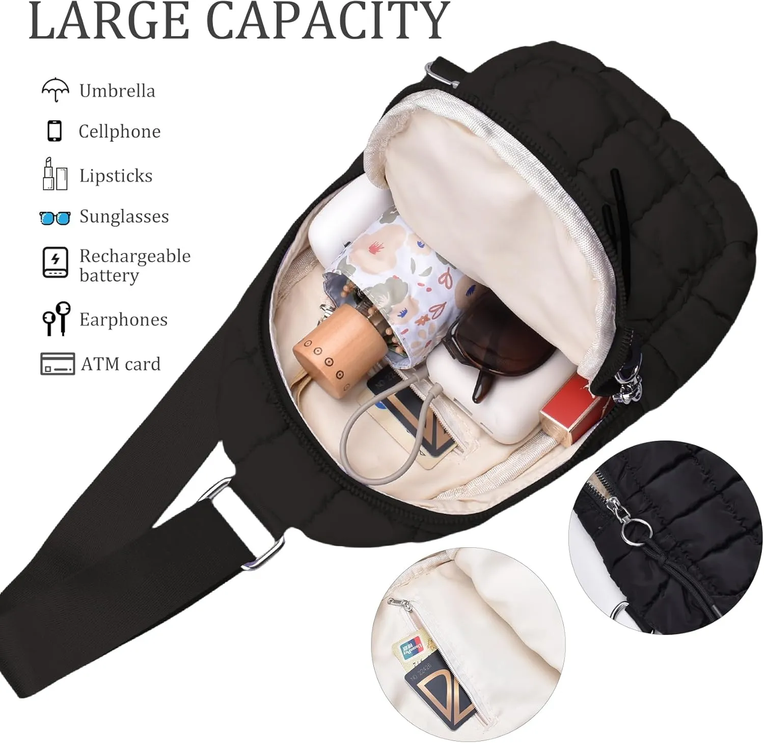 Puffer Small Sling Bag for Women Quilted Crossbody Purses Backpack Chest Bag Fanny Packs with Adjustable Strap