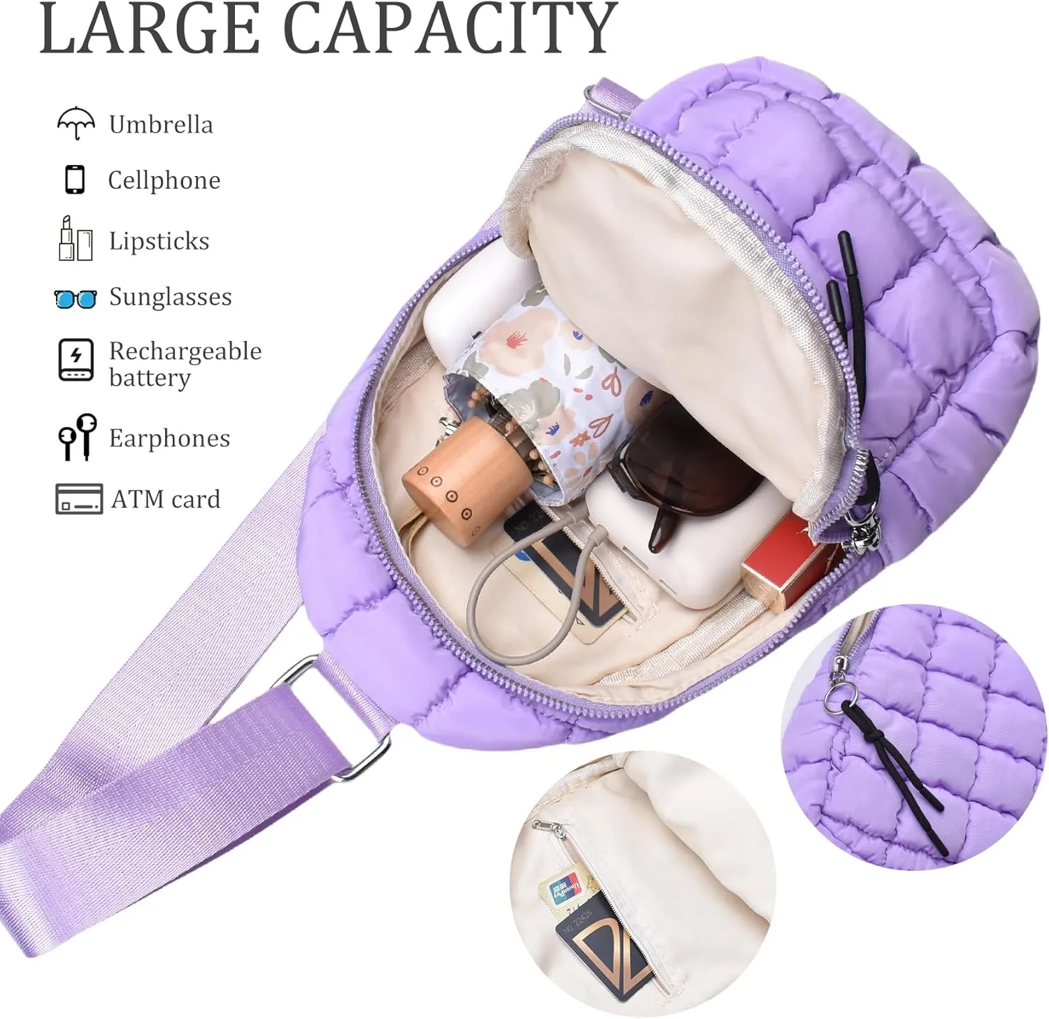 Puffer Small Sling Bag for Women Quilted Crossbody Purses Backpack Chest Bag Fanny Packs with Adjustable Strap