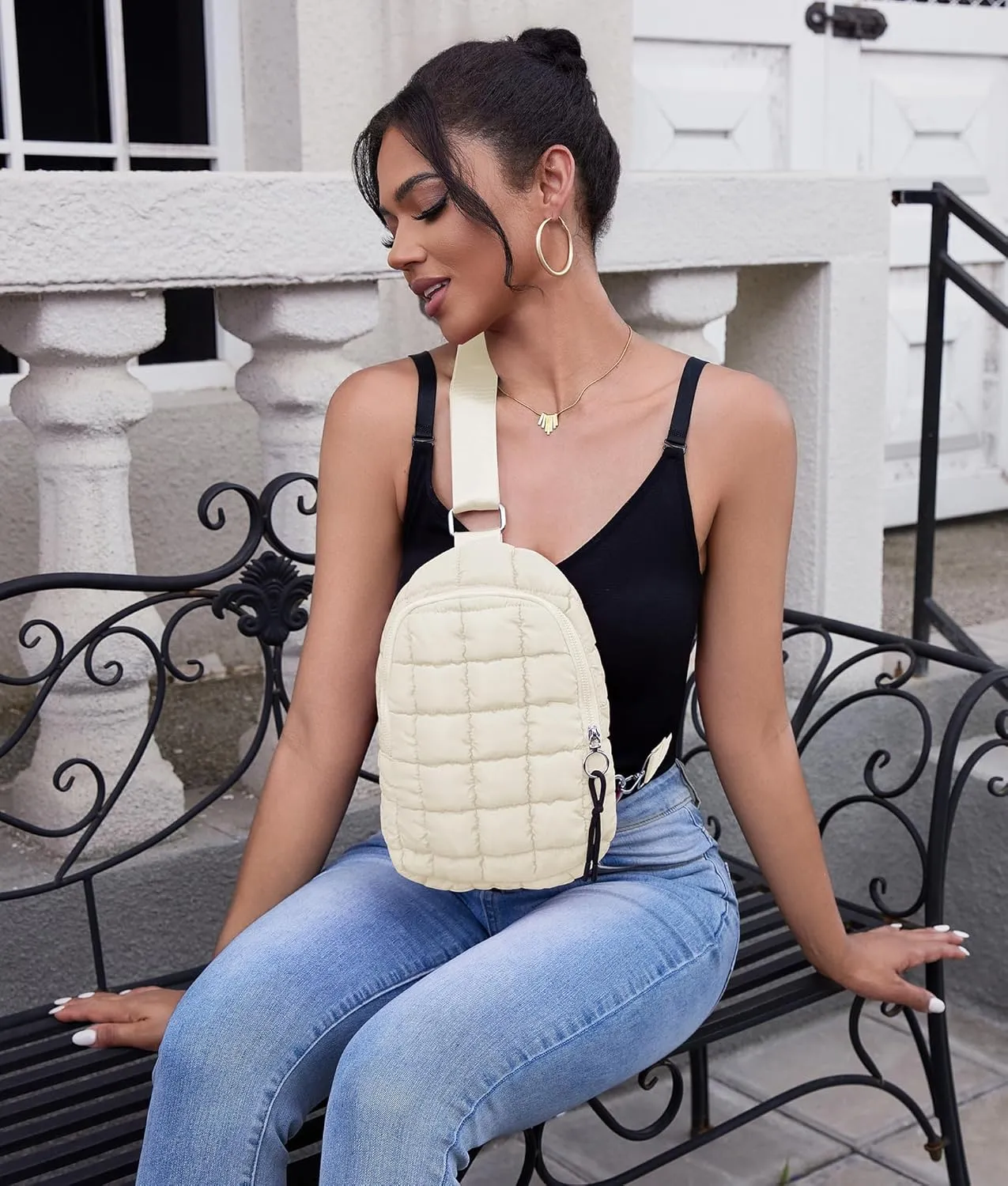 Puffer Small Sling Bag for Women Quilted Crossbody Purses Backpack Chest Bag Fanny Packs with Adjustable Strap