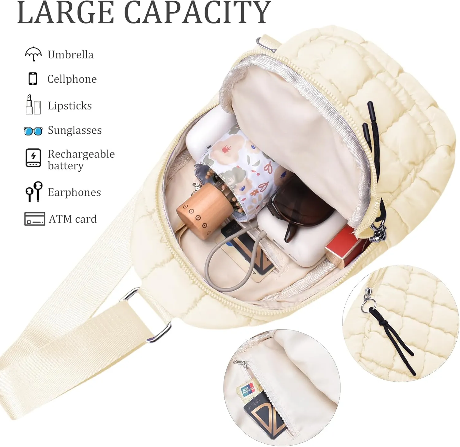 Puffer Small Sling Bag for Women Quilted Crossbody Purses Backpack Chest Bag Fanny Packs with Adjustable Strap