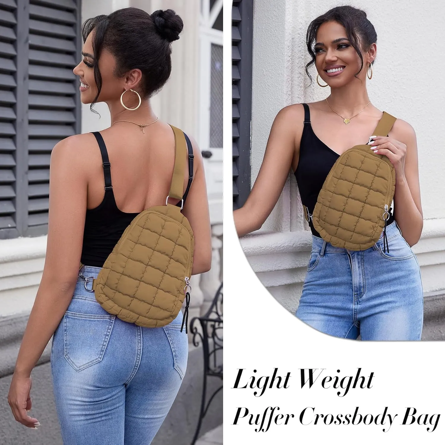 Puffer Small Sling Bag for Women Quilted Crossbody Purses Backpack Chest Bag Fanny Packs with Adjustable Strap