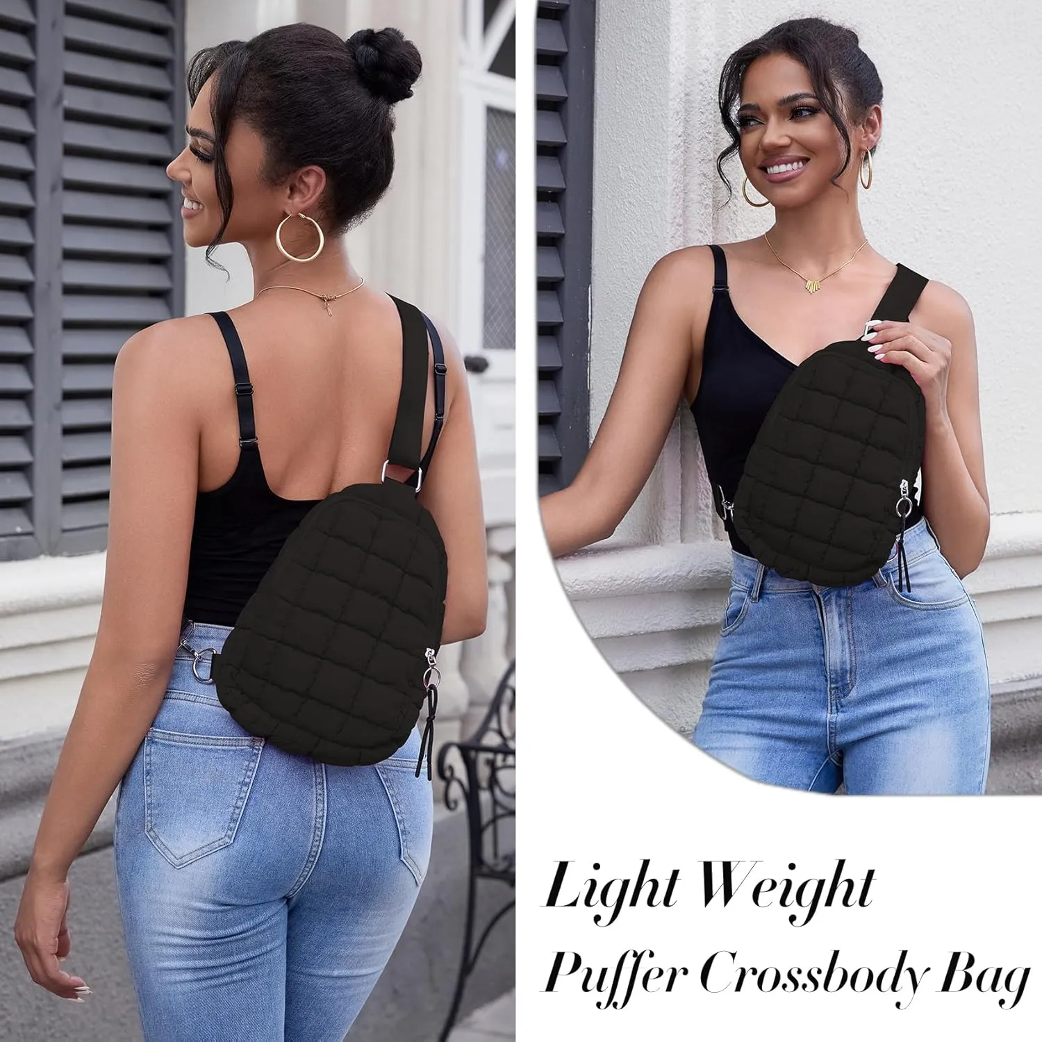 Puffer Small Sling Bag for Women Quilted Crossbody Purses Backpack Chest Bag Fanny Packs with Adjustable Strap