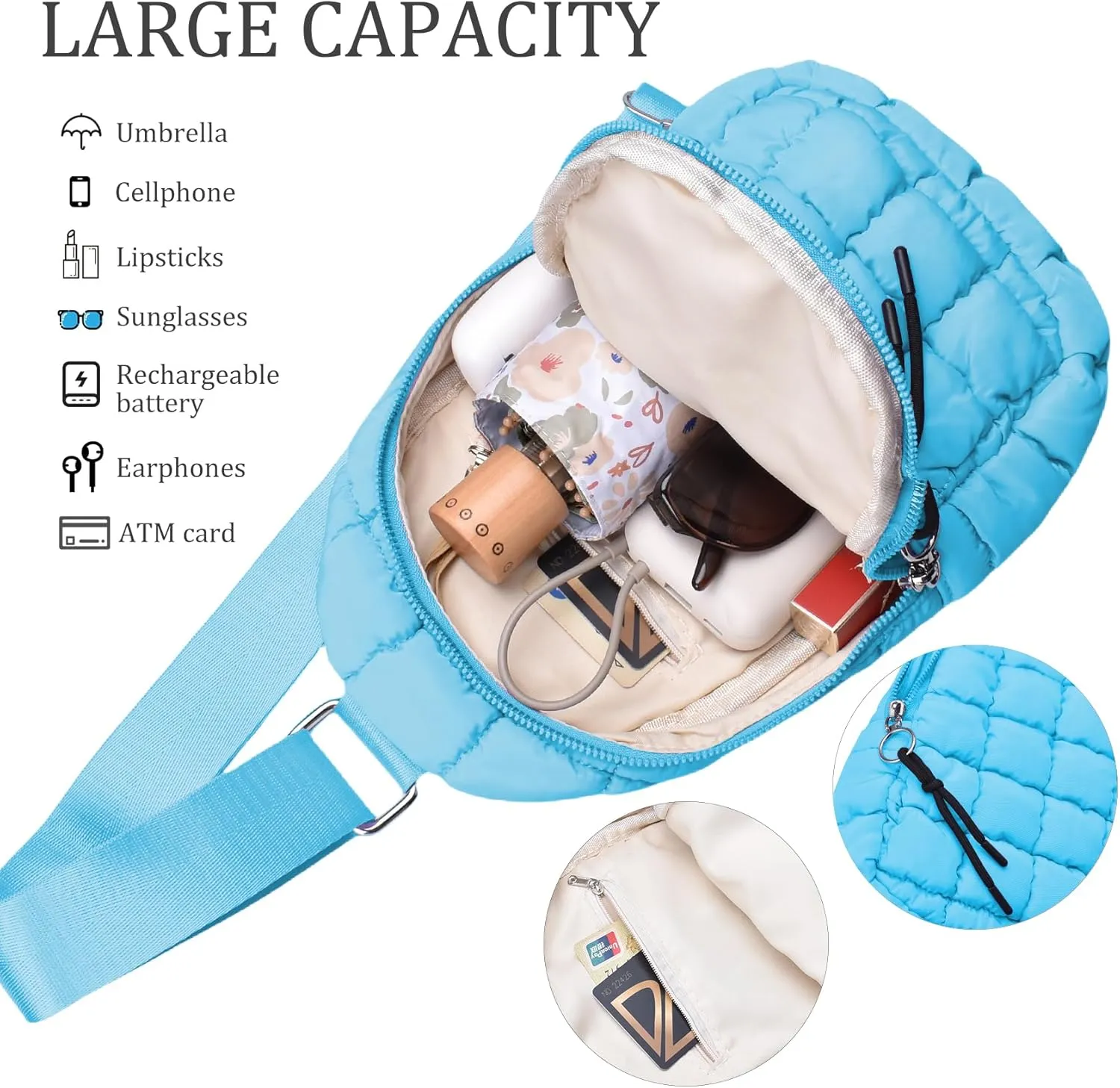 Puffer Small Sling Bag for Women Quilted Crossbody Purses Backpack Chest Bag Fanny Packs with Adjustable Strap