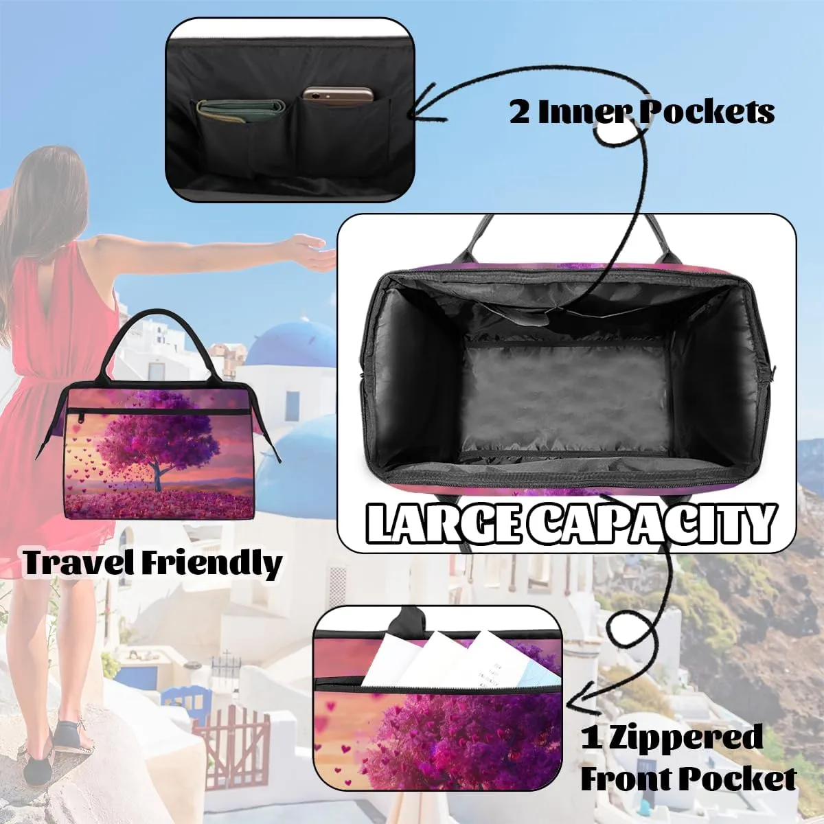 Purple Abstract Heart Tree Weekender Overnight Bag for Women Waterproof Carry On Travel Duffle Bags with Pocket Lightweight Sports Gym Tote Bag Large Luggage Workout Personal Item Hospital Bags