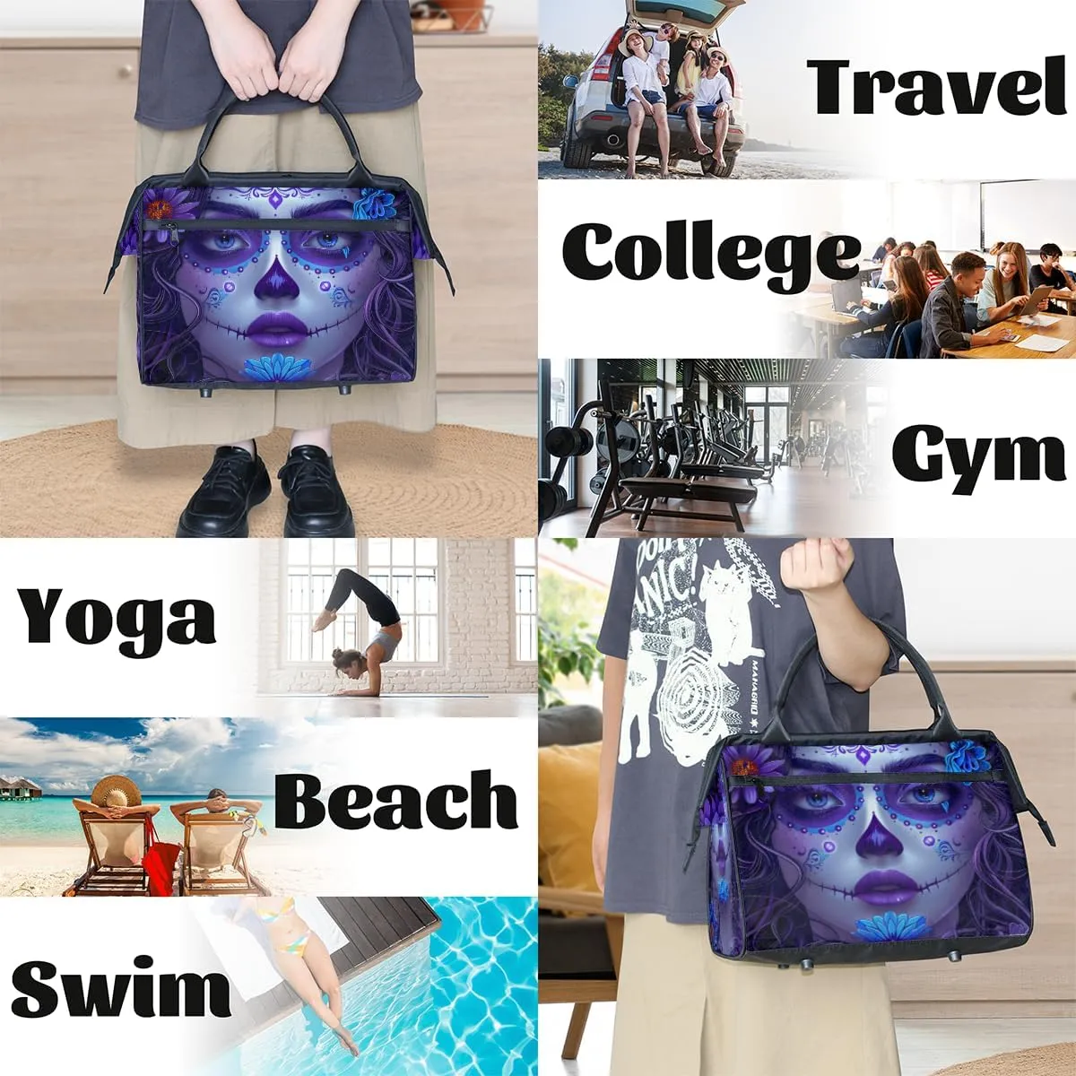 Purple Blue Flower Girl Weekender Overnight Bag for Women Waterproof Carry On Travel Duffle Bags with Pocket Lightweight Sports Gym Tote Bag Large Luggage Workout Personal Item Hospital Bags