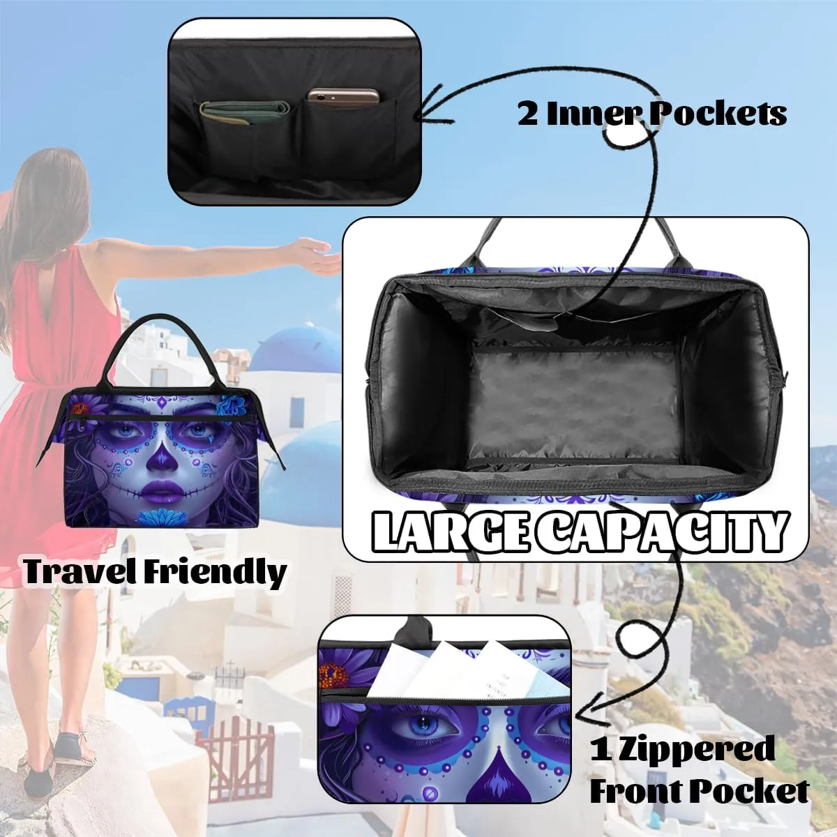 Purple Blue Flower Girl Weekender Overnight Bag for Women Waterproof Carry On Travel Duffle Bags with Pocket Lightweight Sports Gym Tote Bag Large Luggage Workout Personal Item Hospital Bags