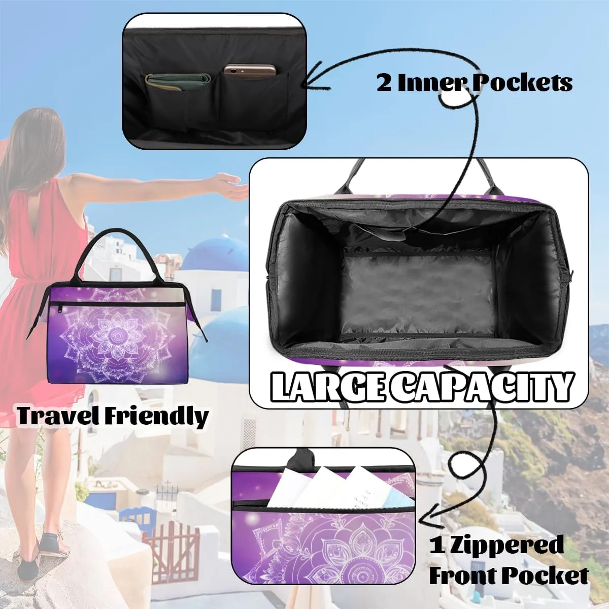 Purple Mandala Flower Abstract Weekender Overnight Bag for Women Waterproof Carry On Travel Duffle Bags with Pocket Lightweight Sports Gym Tote Bag Large Luggage Workout Personal Item Hospital Bags