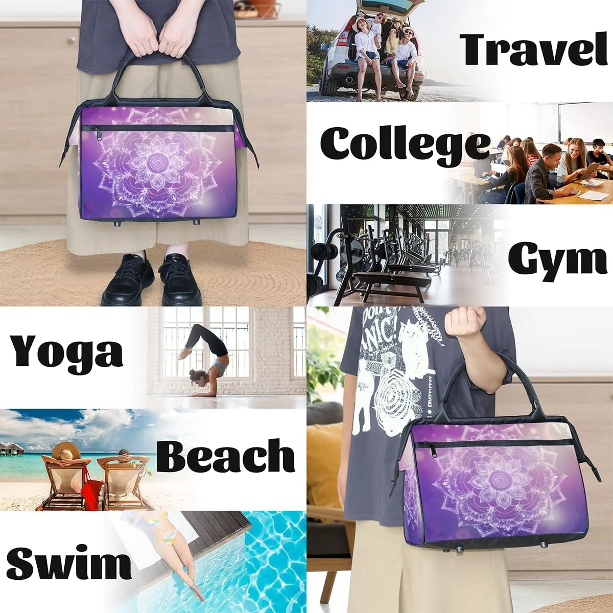 Purple Mandala Flower Abstract Weekender Overnight Bag for Women Waterproof Carry On Travel Duffle Bags with Pocket Lightweight Sports Gym Tote Bag Large Luggage Workout Personal Item Hospital Bags