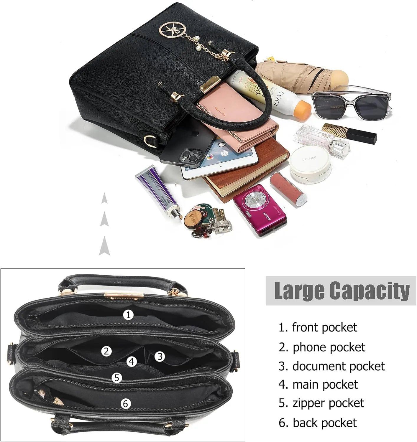 Purse and Handbags for Women, 3 Zip Compartments Tote Bag Designer Shoulder Purse Top Handle Satchel Bags