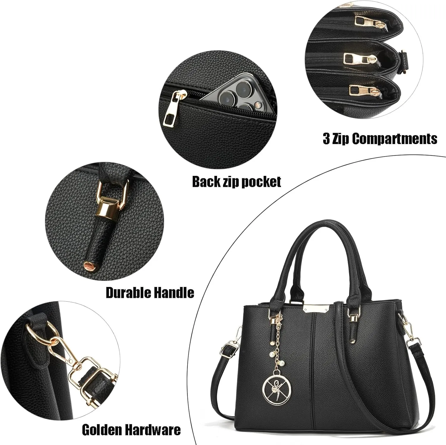 Purse and Handbags for Women, 3 Zip Compartments Tote Bag Designer Shoulder Purse Top Handle Satchel Bags