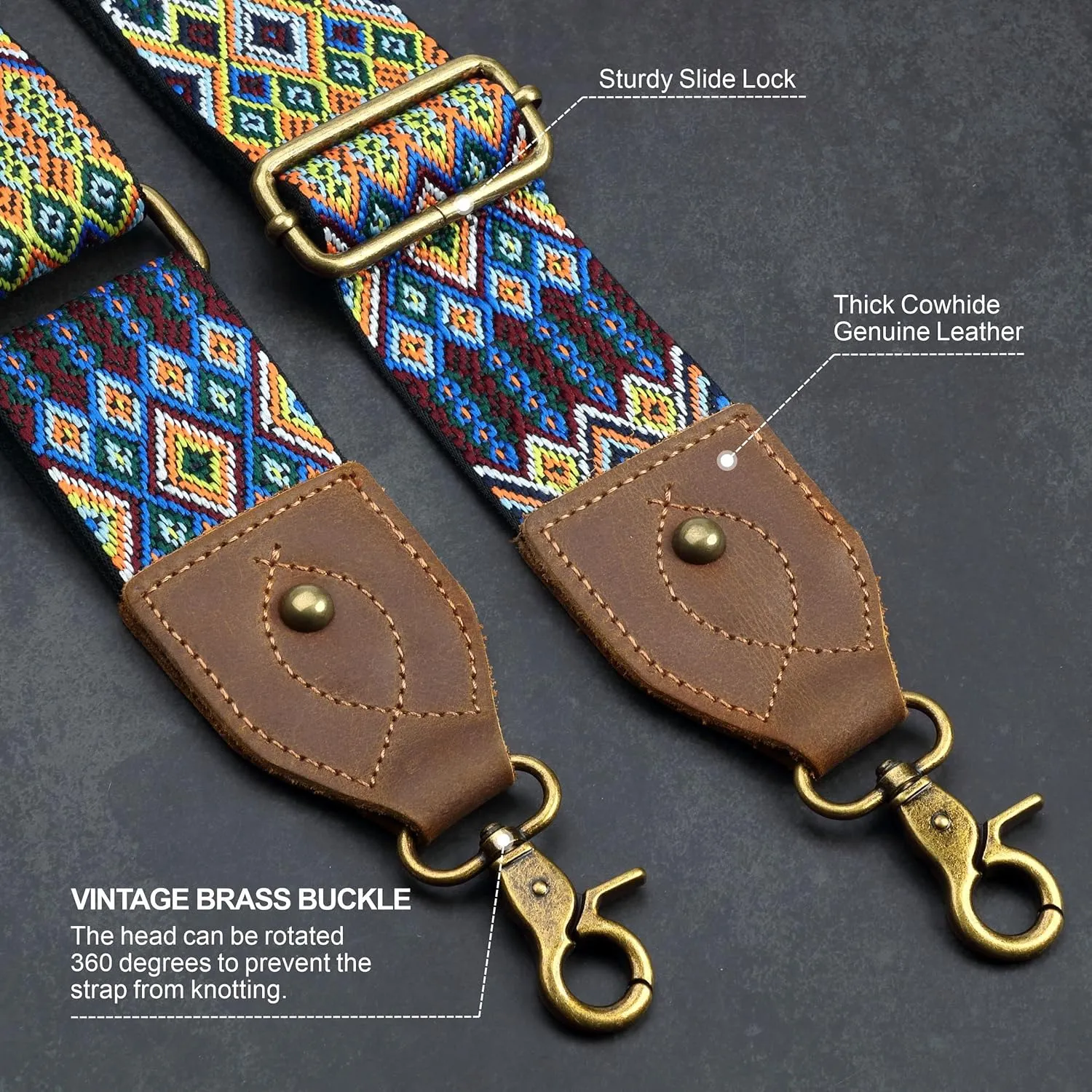 Purse Strap-2"Crazy Horse Leather Wide Shoulder Strap Adjustable Replacement,Jacquard Embroidery Bag Straps