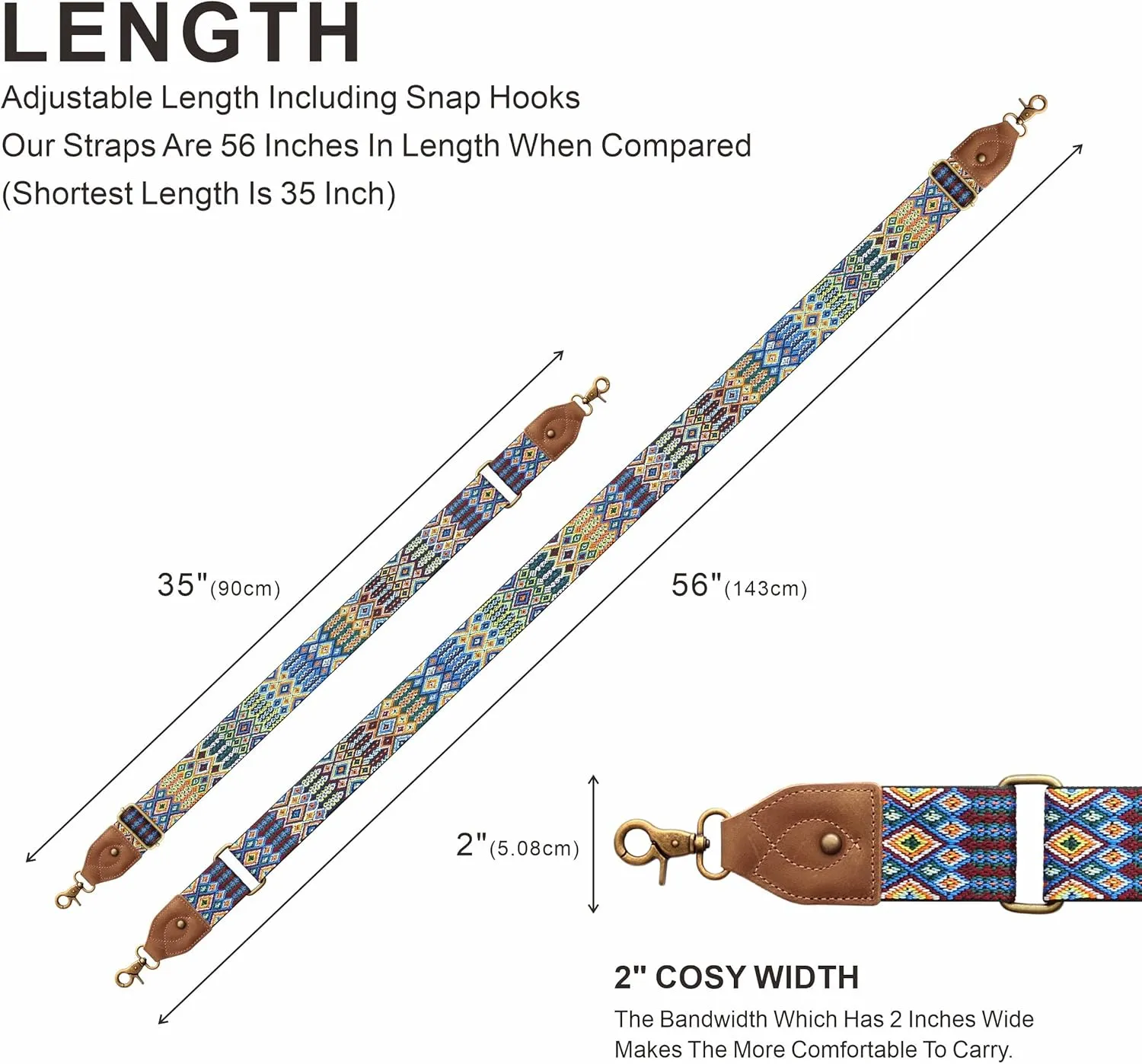 Purse Strap-2"Crazy Horse Leather Wide Shoulder Strap Adjustable Replacement,Jacquard Embroidery Bag Straps