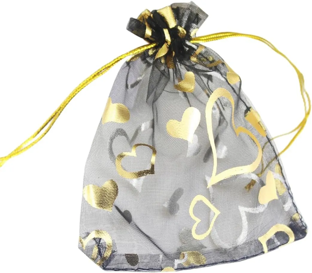 QIANHAILIZZ 100 pcs 3.5 x 4.7 Inch Flower Heart Organza Jewelry Gift Pouch Candy Pouch Drawstring Wedding Favor Bags X92 (black gold heart)