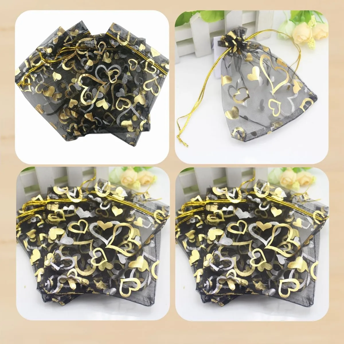 QIANHAILIZZ 100 pcs 3.5 x 4.7 Inch Flower Heart Organza Jewelry Gift Pouch Candy Pouch Drawstring Wedding Favor Bags X92 (black gold heart)