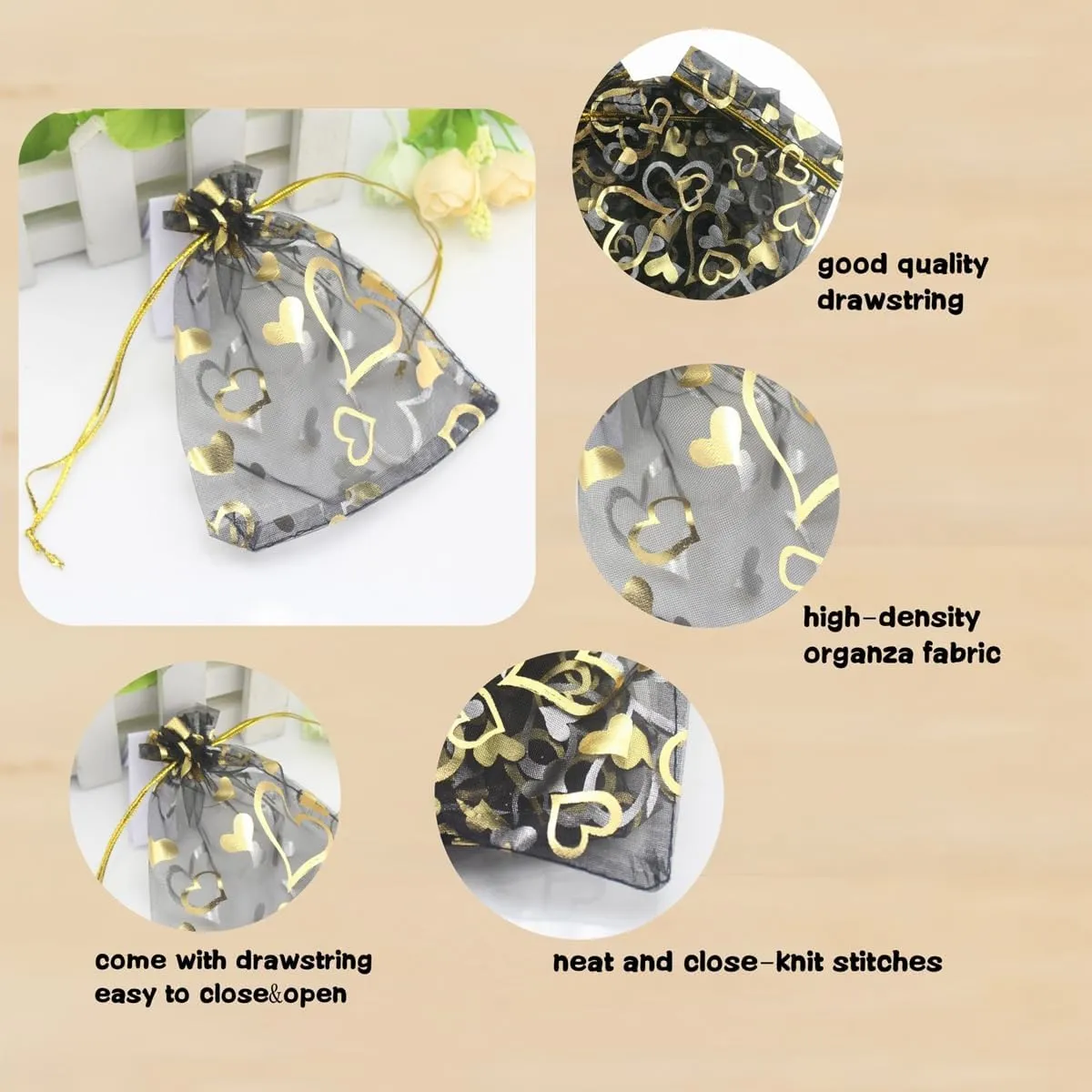 QIANHAILIZZ 100 pcs 3.5 x 4.7 Inch Flower Heart Organza Jewelry Gift Pouch Candy Pouch Drawstring Wedding Favor Bags X92 (black gold heart)