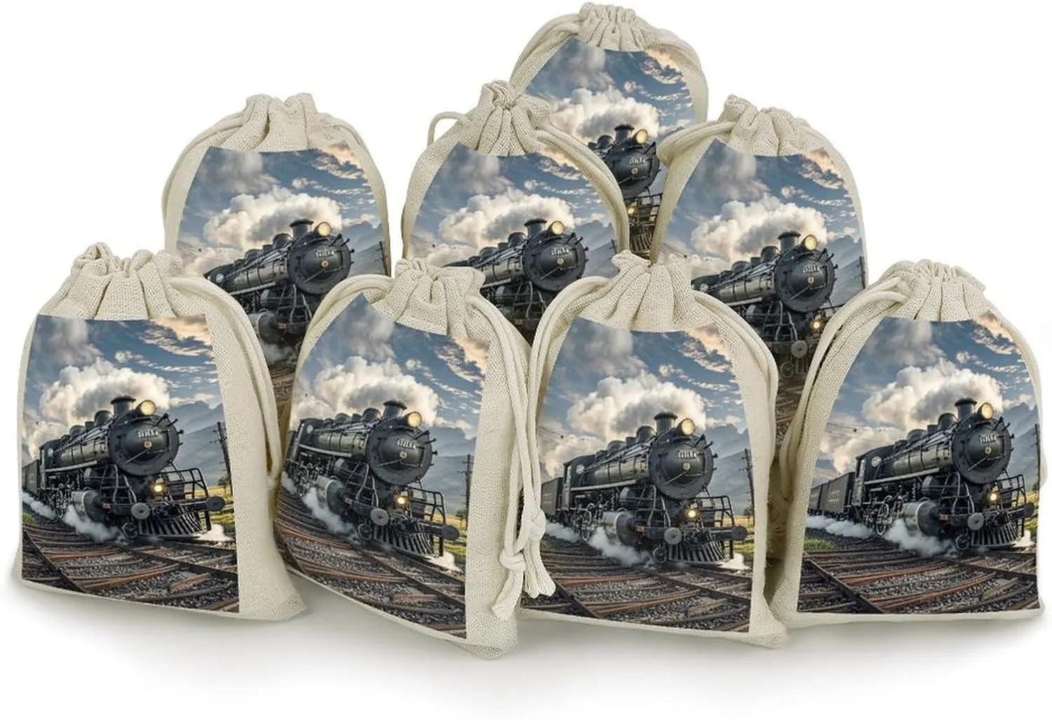 QMKFWT Steam Locomotive Train Drawstring Pouches Small Bulk Cotton Burlap Storage Bags Reusable Muslin Sachet Bag for Candy, Toys, Jewelry, Treats, Birthday Party Favors