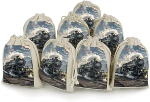 QMKFWT Steam Locomotive Train Drawstring Pouches Small Bulk Cotton Burlap Storage Bags Reusable Muslin Sachet Bag for Candy, Toys, Jewelry, Treats, Birthday Party Favors