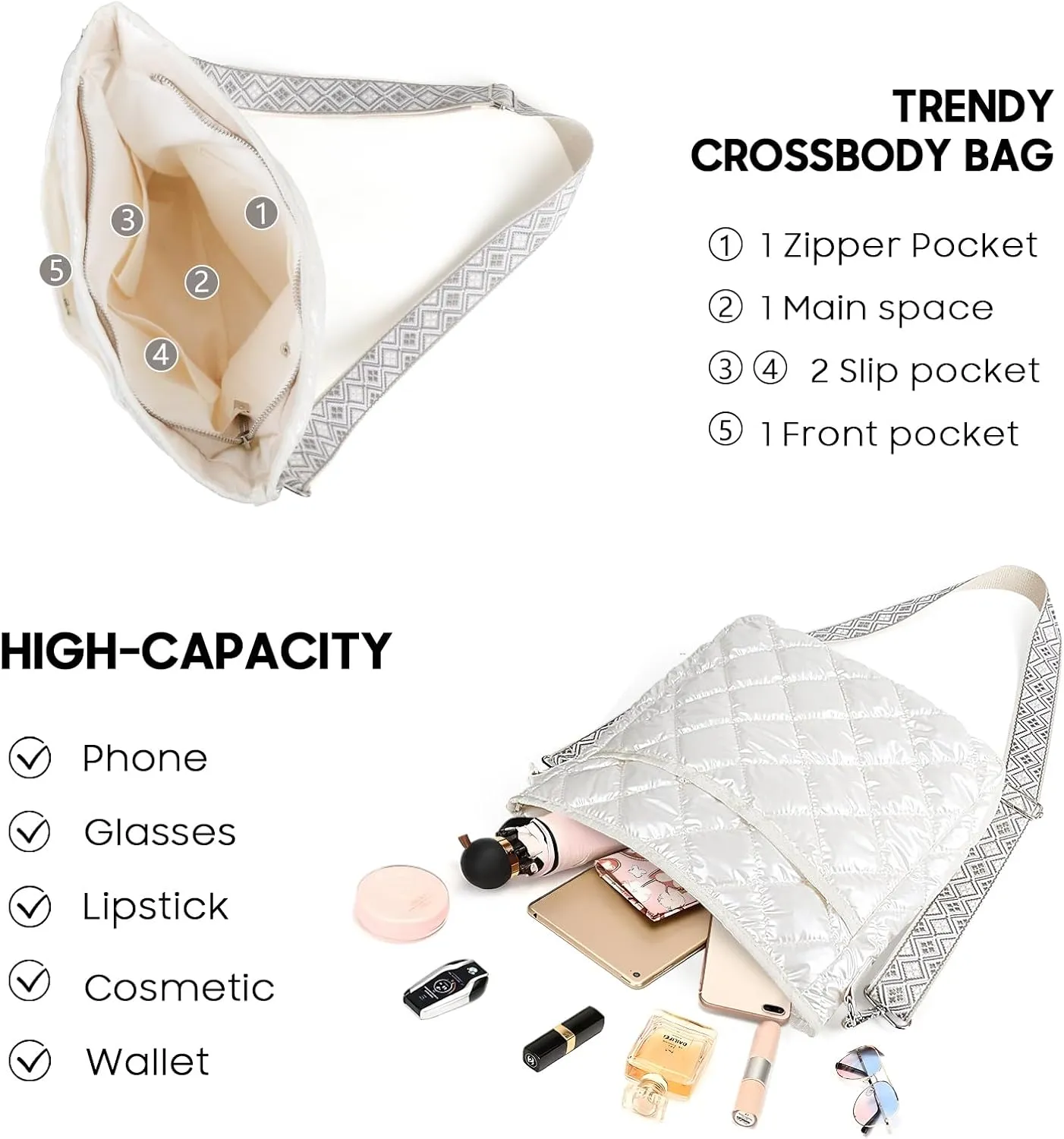 Quilted Crossbody Bags for Women, Unique Pattern Strap Quilted Bag, Crossbody Purses for Women, Quilted Puffer Bag for Women
