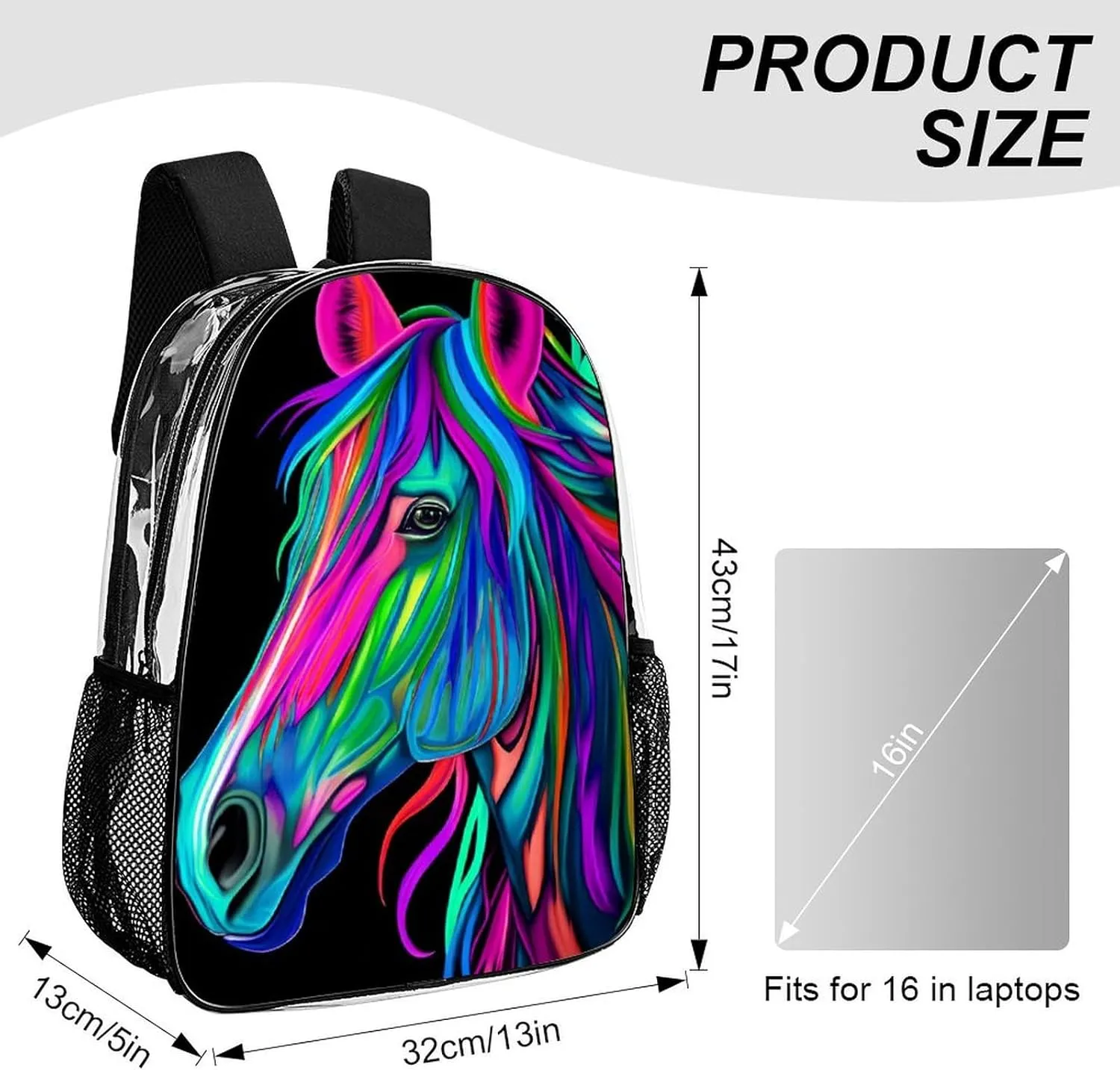 Rainbow Wild Horse Head Art Rucksacks Lightweight Multipurpose Transparent Shoulder Bag Big Capacity Traveling & Camping Backpack With Side Pockets