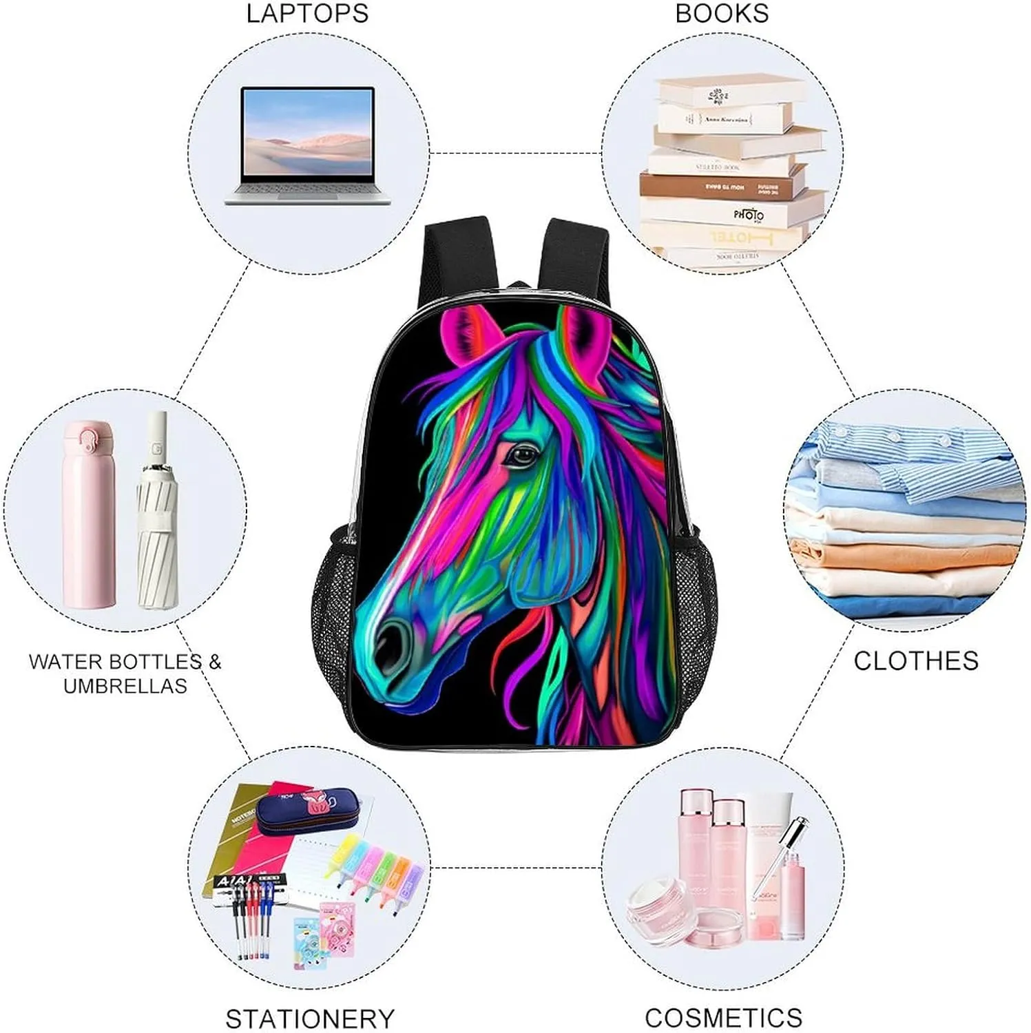 Rainbow Wild Horse Head Art Rucksacks Lightweight Multipurpose Transparent Shoulder Bag Big Capacity Traveling & Camping Backpack With Side Pockets