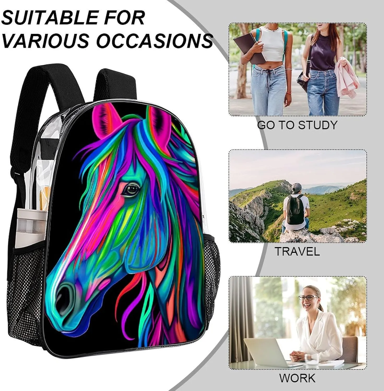 Rainbow Wild Horse Head Art Rucksacks Lightweight Multipurpose Transparent Shoulder Bag Big Capacity Traveling & Camping Backpack With Side Pockets