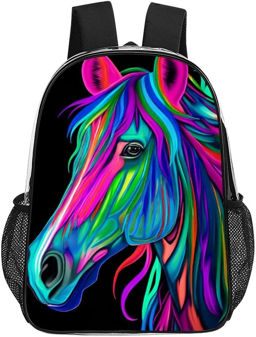 Rainbow Wild Horse Head Art Rucksacks Lightweight Multipurpose Transparent Shoulder Bag Big Capacity Traveling & Camping Backpack With Side Pockets