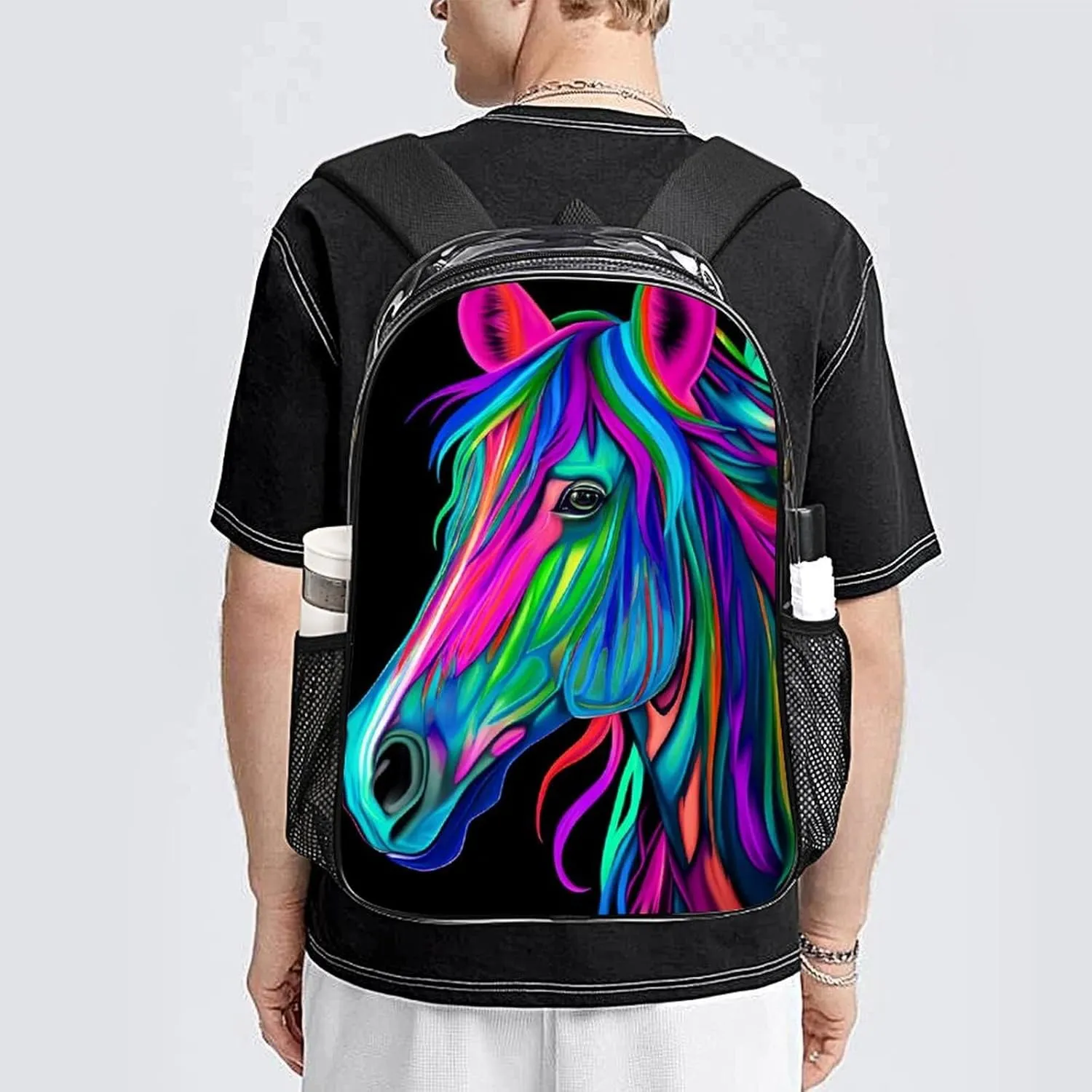 Rainbow Wild Horse Head Art Rucksacks Lightweight Multipurpose Transparent Shoulder Bag Big Capacity Traveling & Camping Backpack With Side Pockets