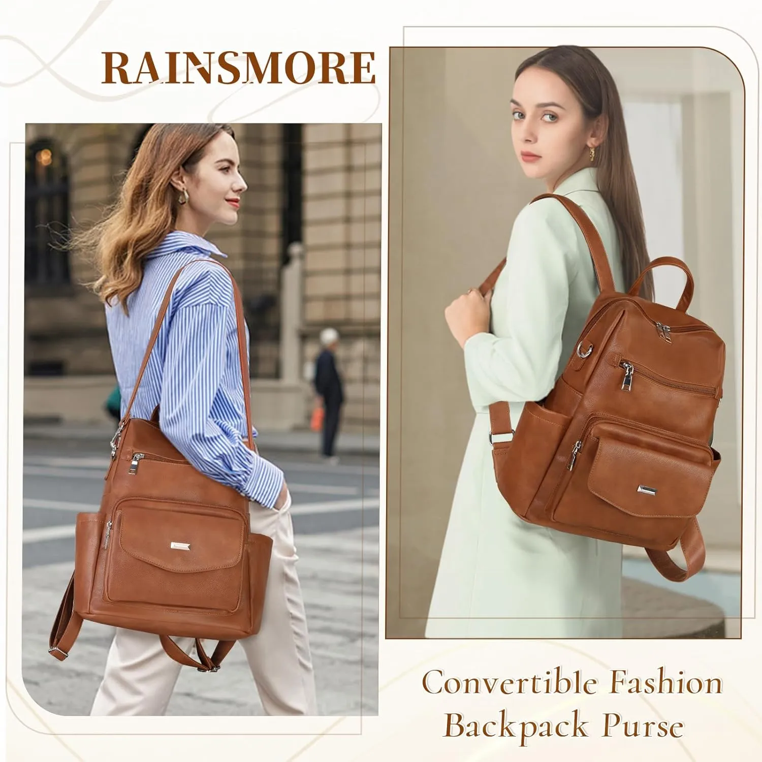 RAINSMORE Convertible Backpack Purse for Women Designer PU Leather Backpack Purse Waterproof Women's Fashion Backpack Handbags 13.3 Inch Anti Theft Crossbody Shoulder Bag for Work Travel College Brown